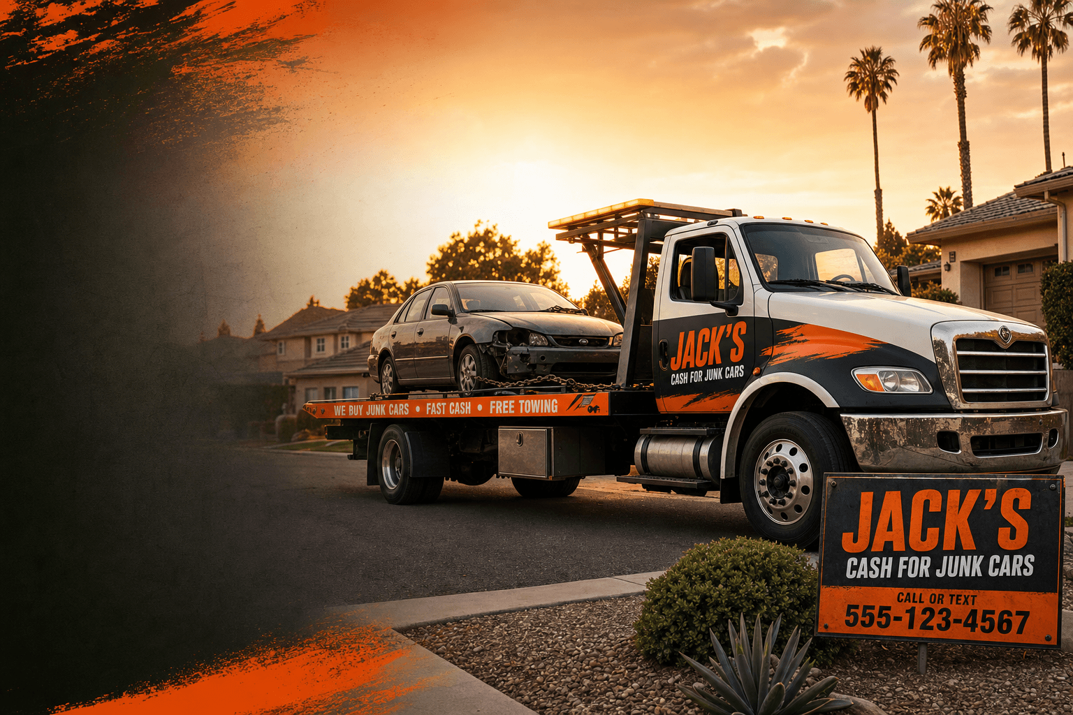 Jack's Cash for Junk Cars - flatbed tow truck at golden hour