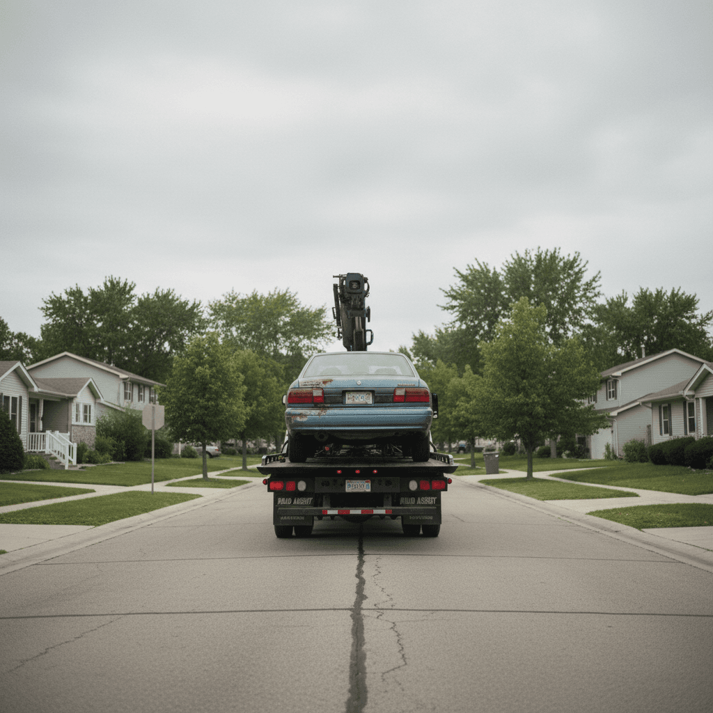 Flatbed tow truck loading a blue sedan on suburban street in Michigan