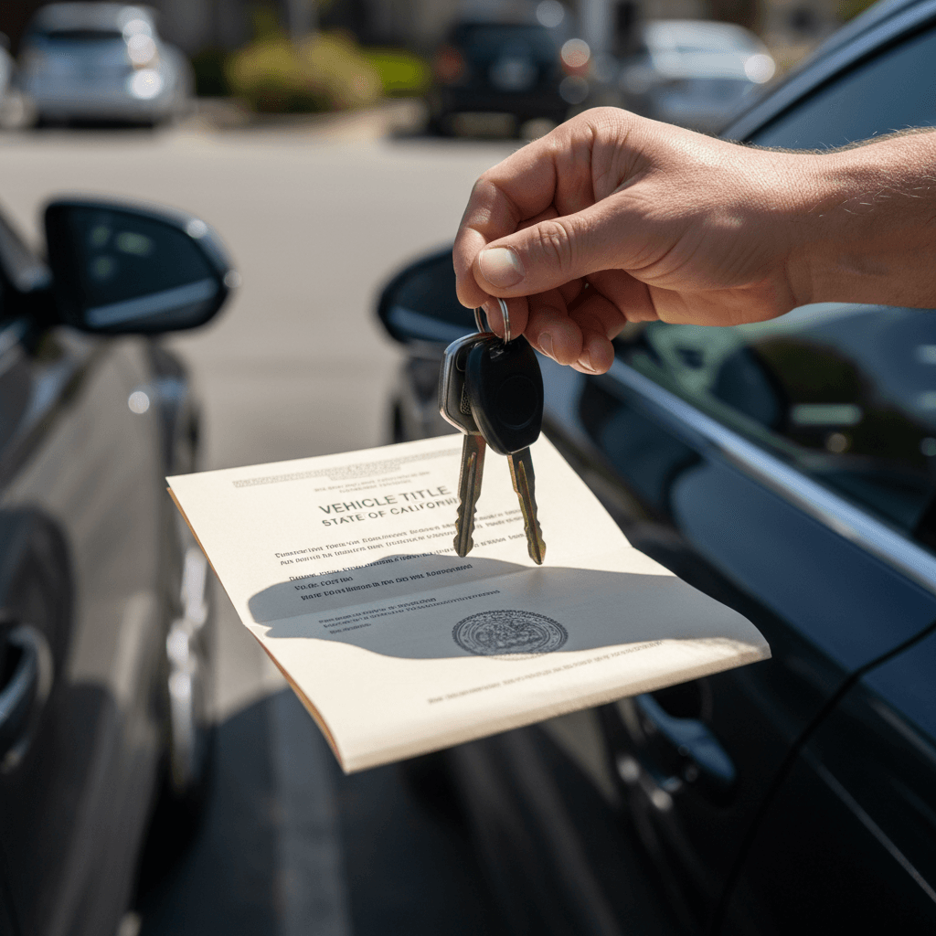 Hand holding keys beside a parked vehicle with paperwork