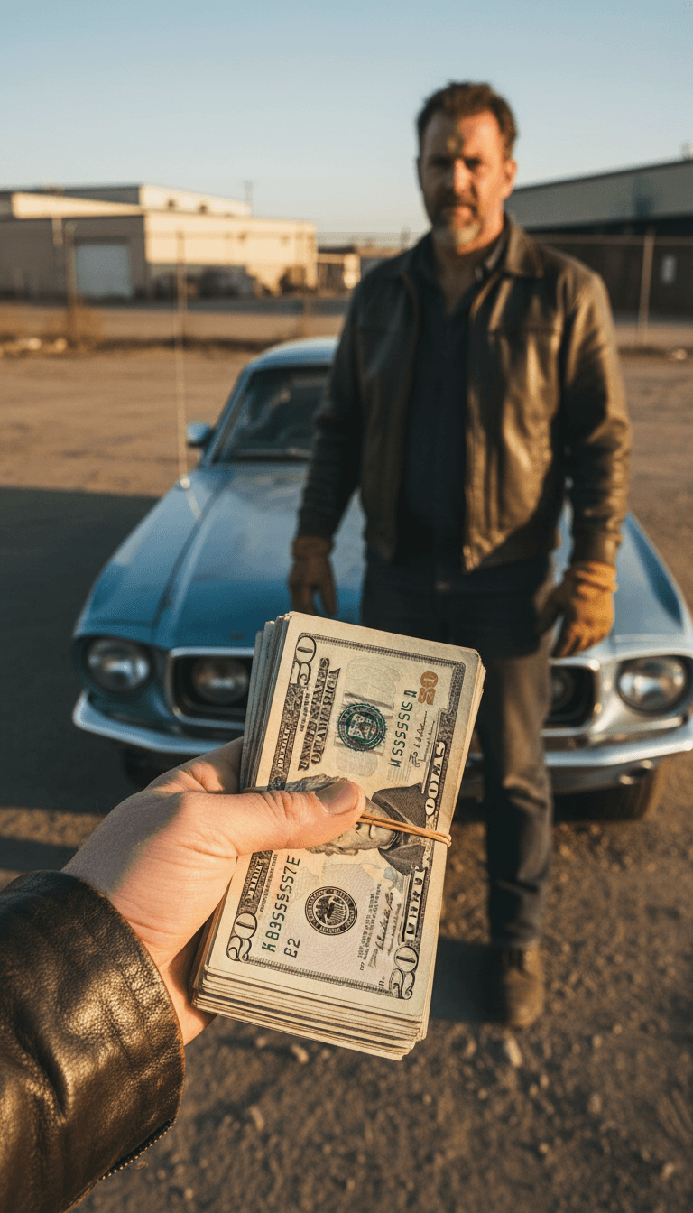 Hand holding cash payment for a junk car