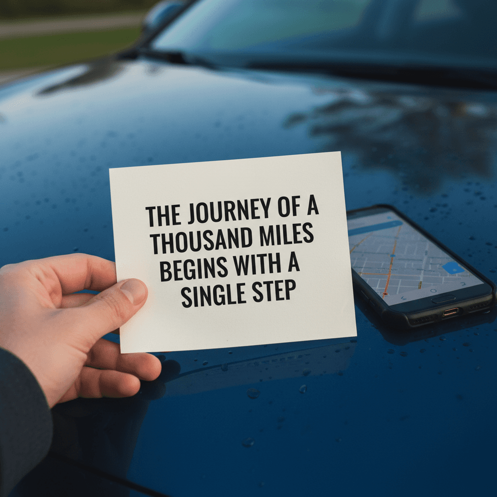 Hand holding a paper quote document against a car hood