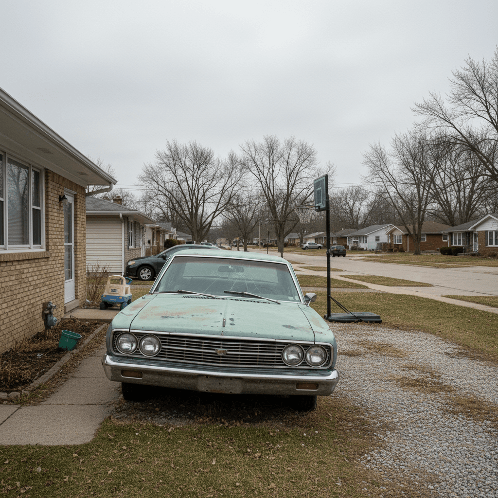 Worn sedan with faded paint parked in a residential driveway