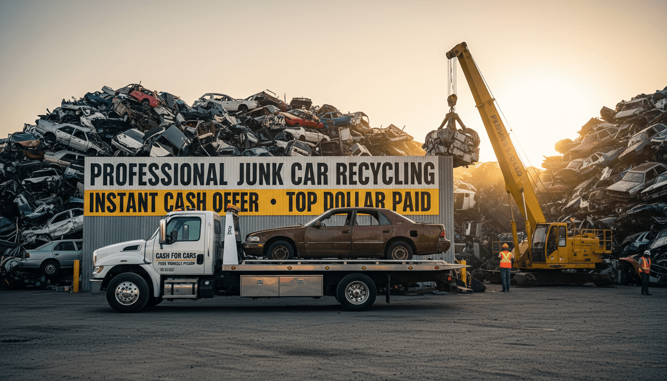 Crushed cars being recycled with cash and pickup truck nearby.