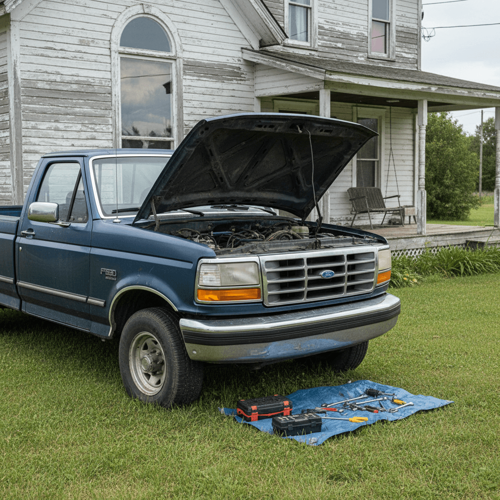 Truck with hood open revealing an old engine