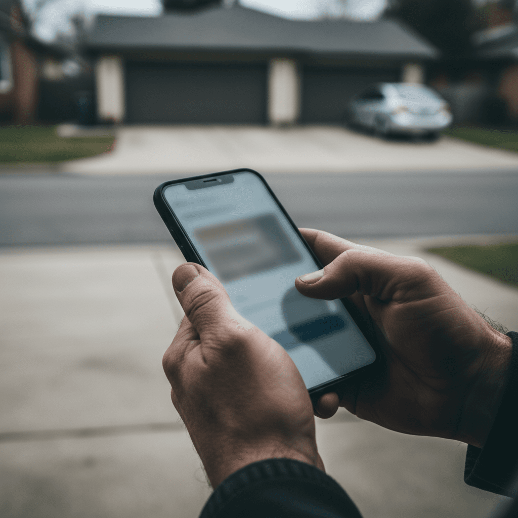 Hands holding smartphone with blurred interface near residential driveway