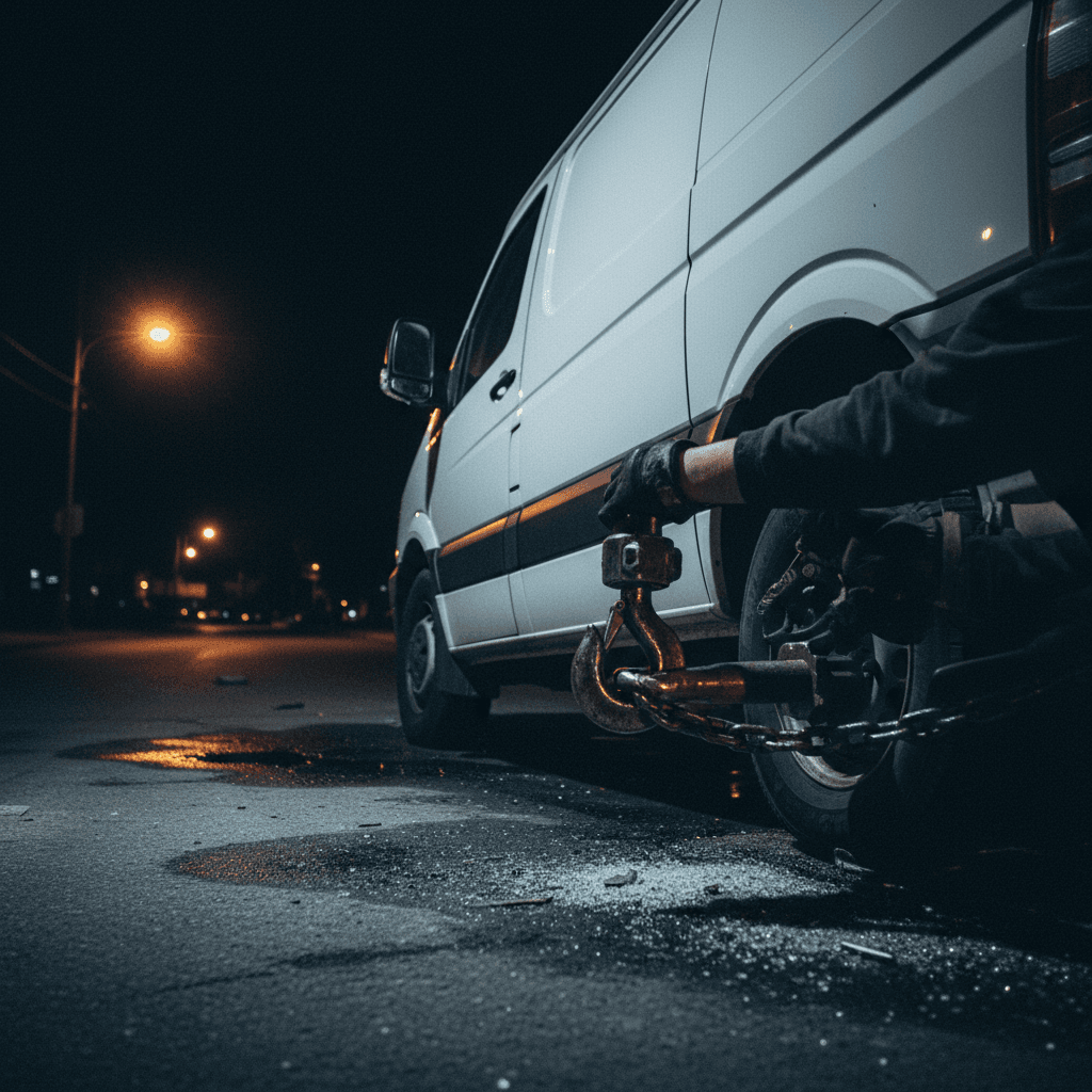 Tow truck hook securing a damaged white van