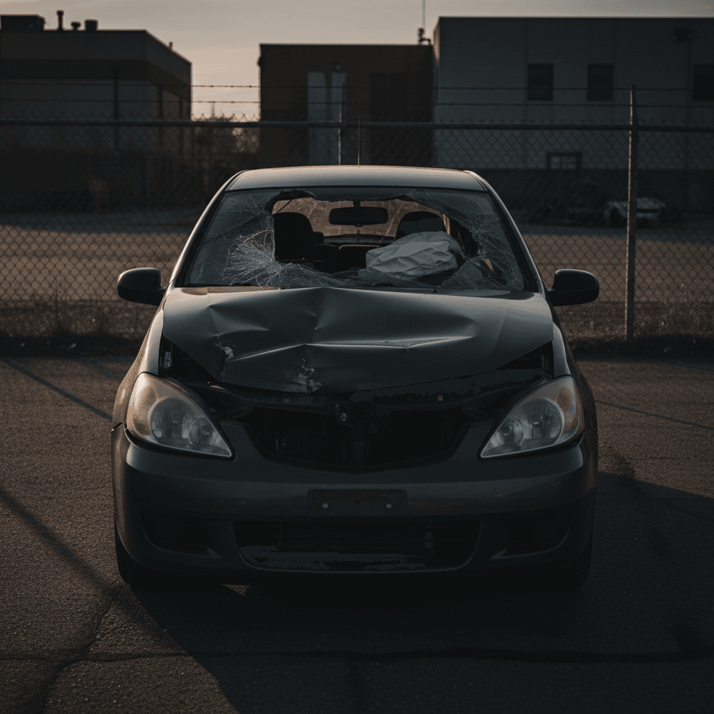 Wrecked compact car with crumpled front in a tow lot