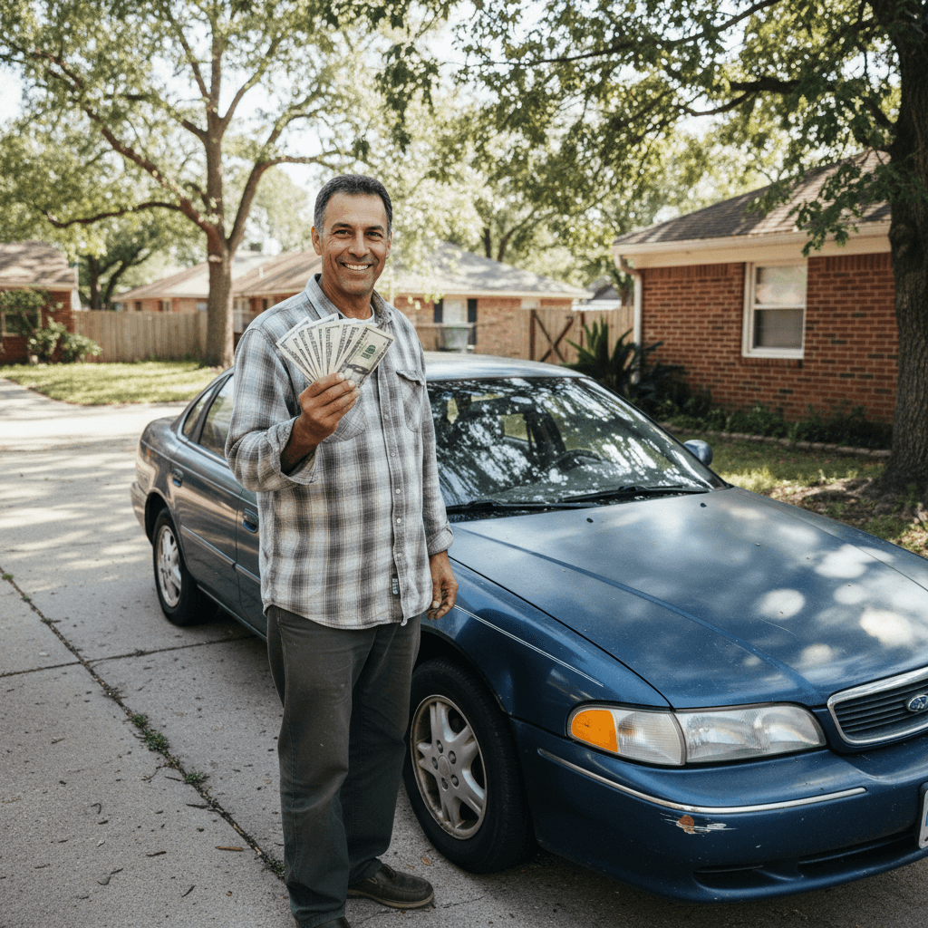Happy customer holding cash next to a worn sedan