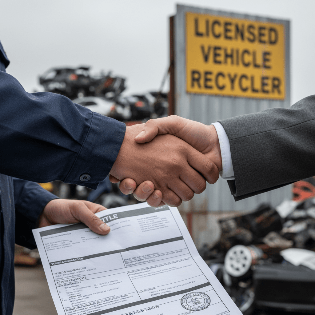 Handshake exchanging car title at a recycling facility