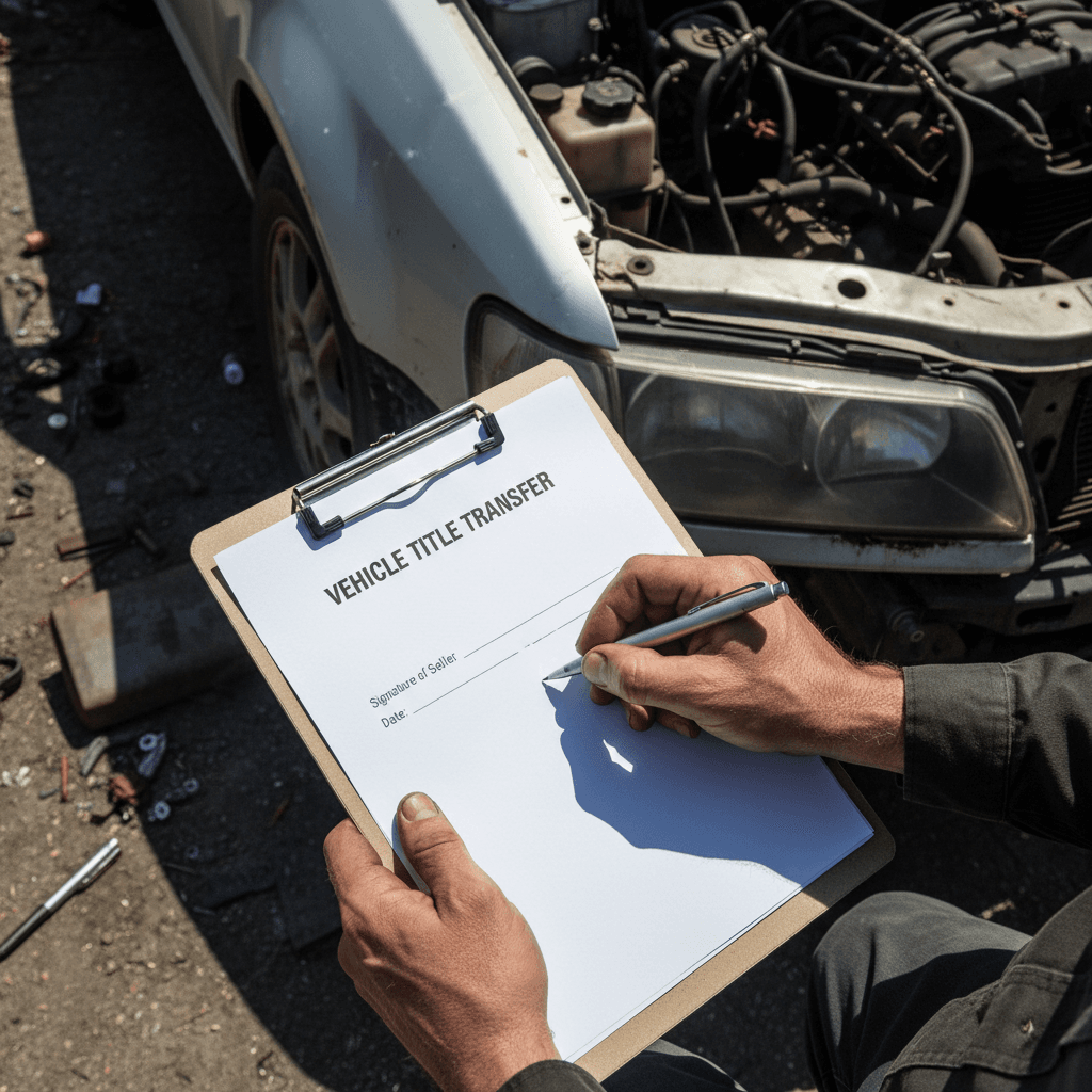 Hands signing title transfer paperwork on a clipboard