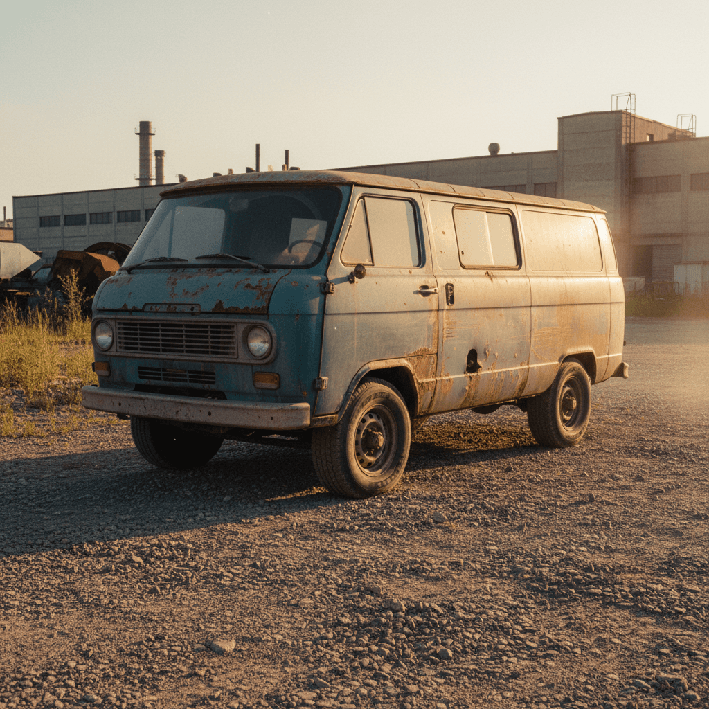 Dusty work van parked on a gravel lot