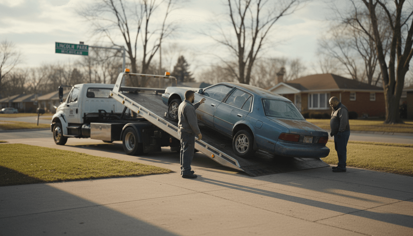 Tow truck loading a worn sedan in a residential driveway