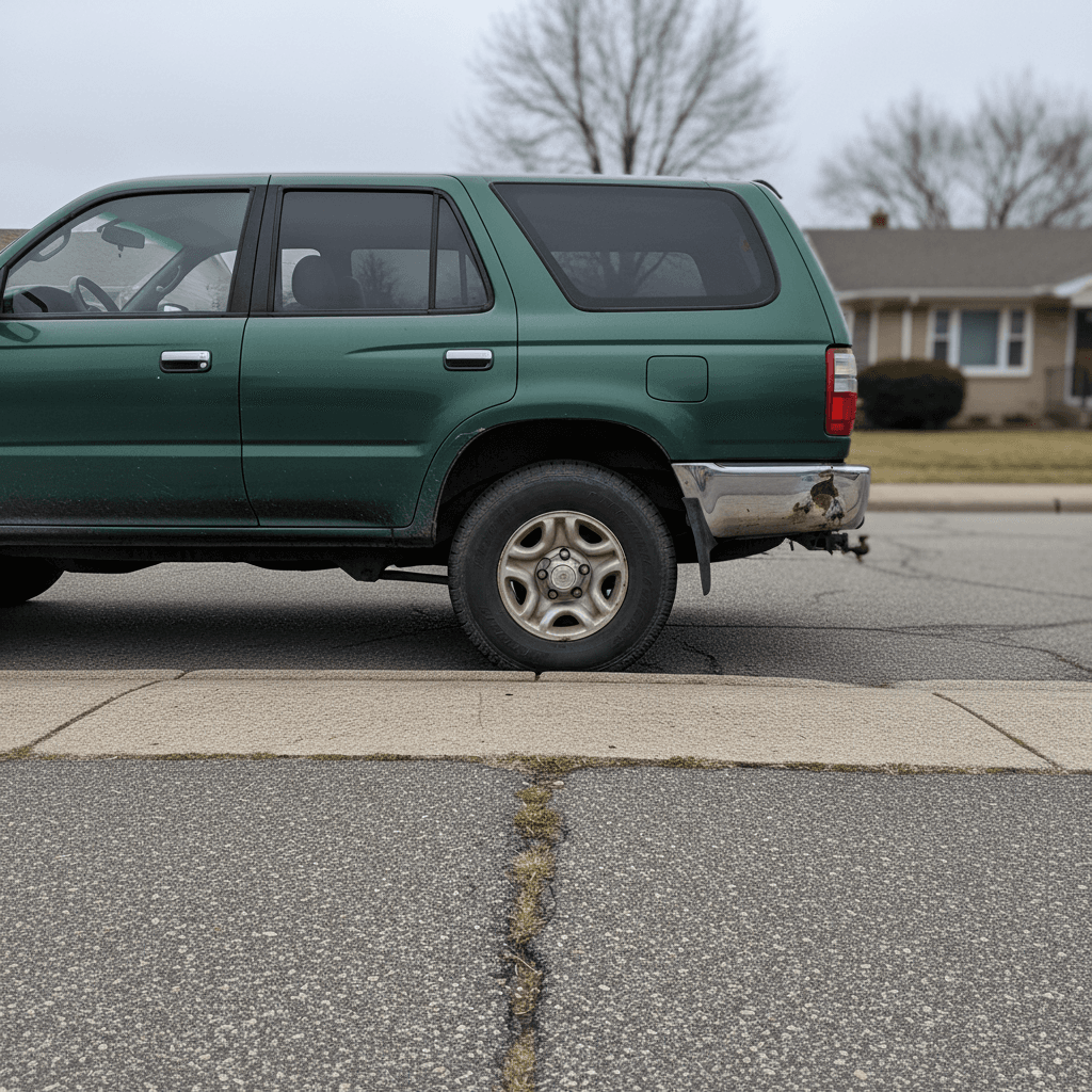 Older SUV with dented bumper parked on a suburban street