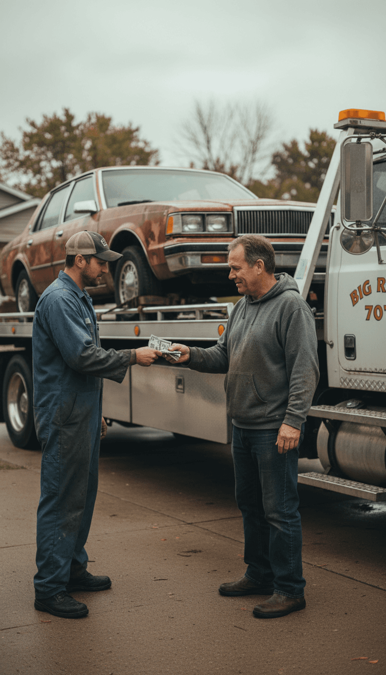 Tow truck driver handing cash to a car owner next to a junk car in a suburban driveway