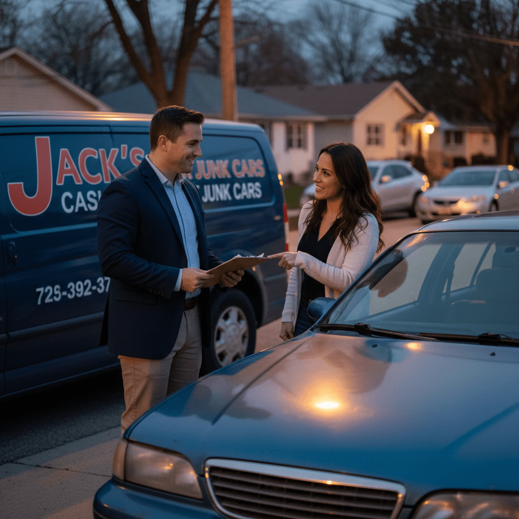 Jack’s Cash for Junk Cars representative meeting a customer next to an old sedan at night