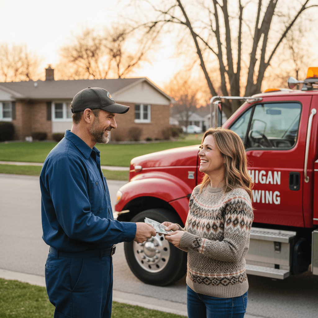 Tow truck driver handing cash to a homeowner