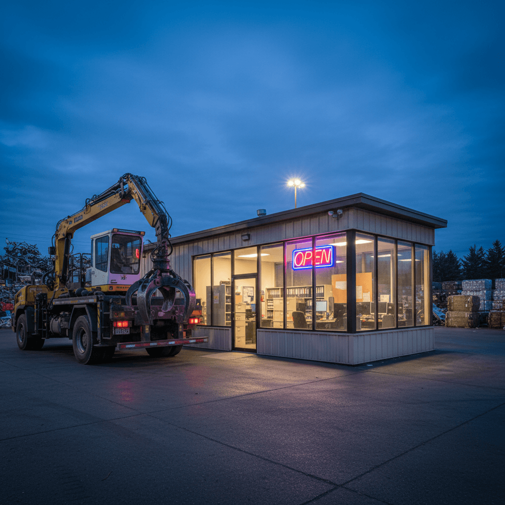 Illuminated recycling yard office at dusk