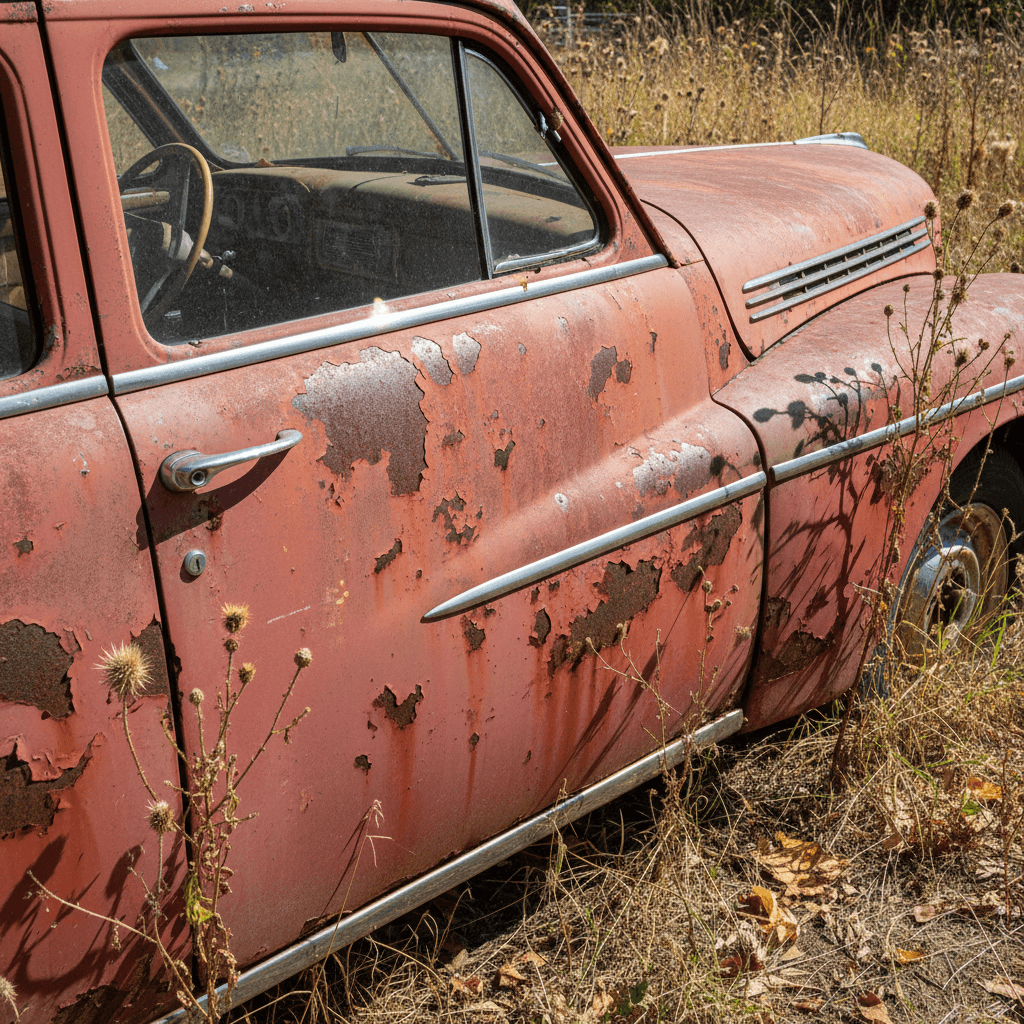 Rusty vintage car showing peeling paint and corrosion