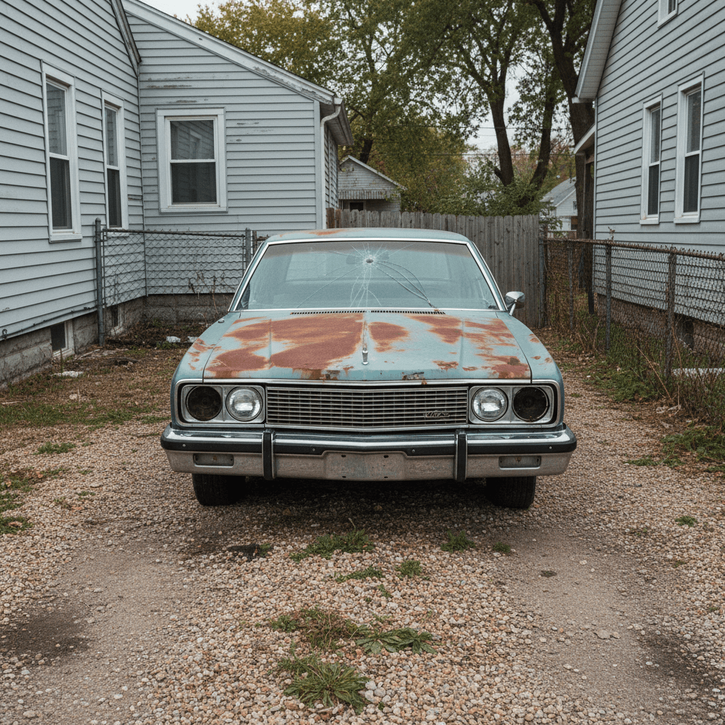 Rusty sedan with dented fender in a driveway