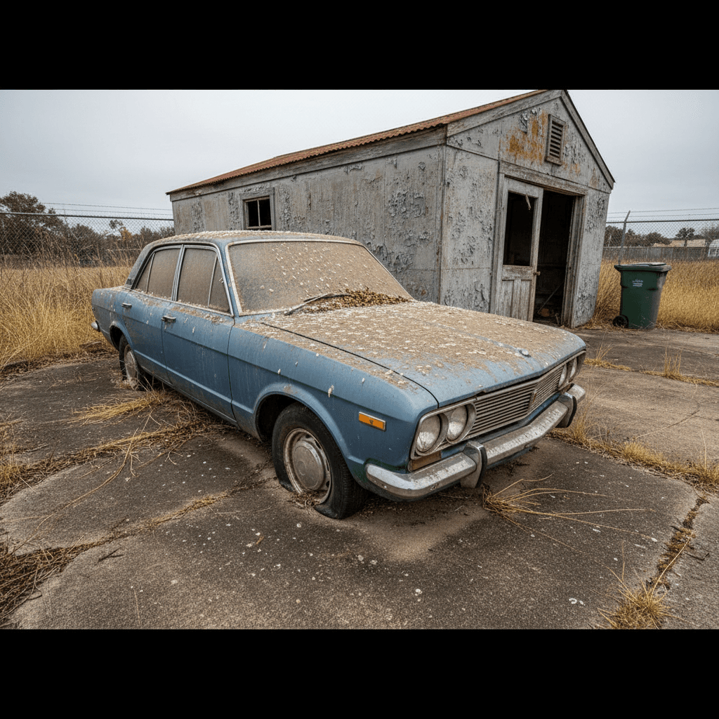 Dusty blue car with flat tire parked beside a garage