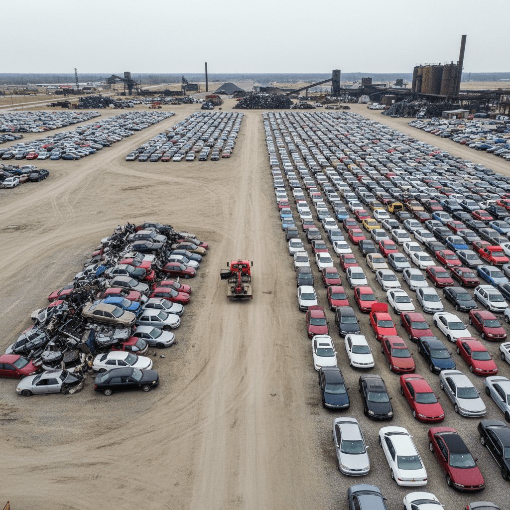 Rows of cars parked at large recycling lot with tow truck moving through