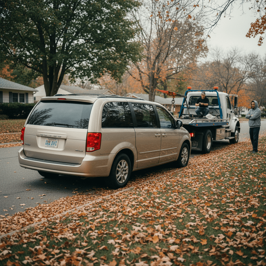 Tow truck hooking up a dented minivan on a leafy street