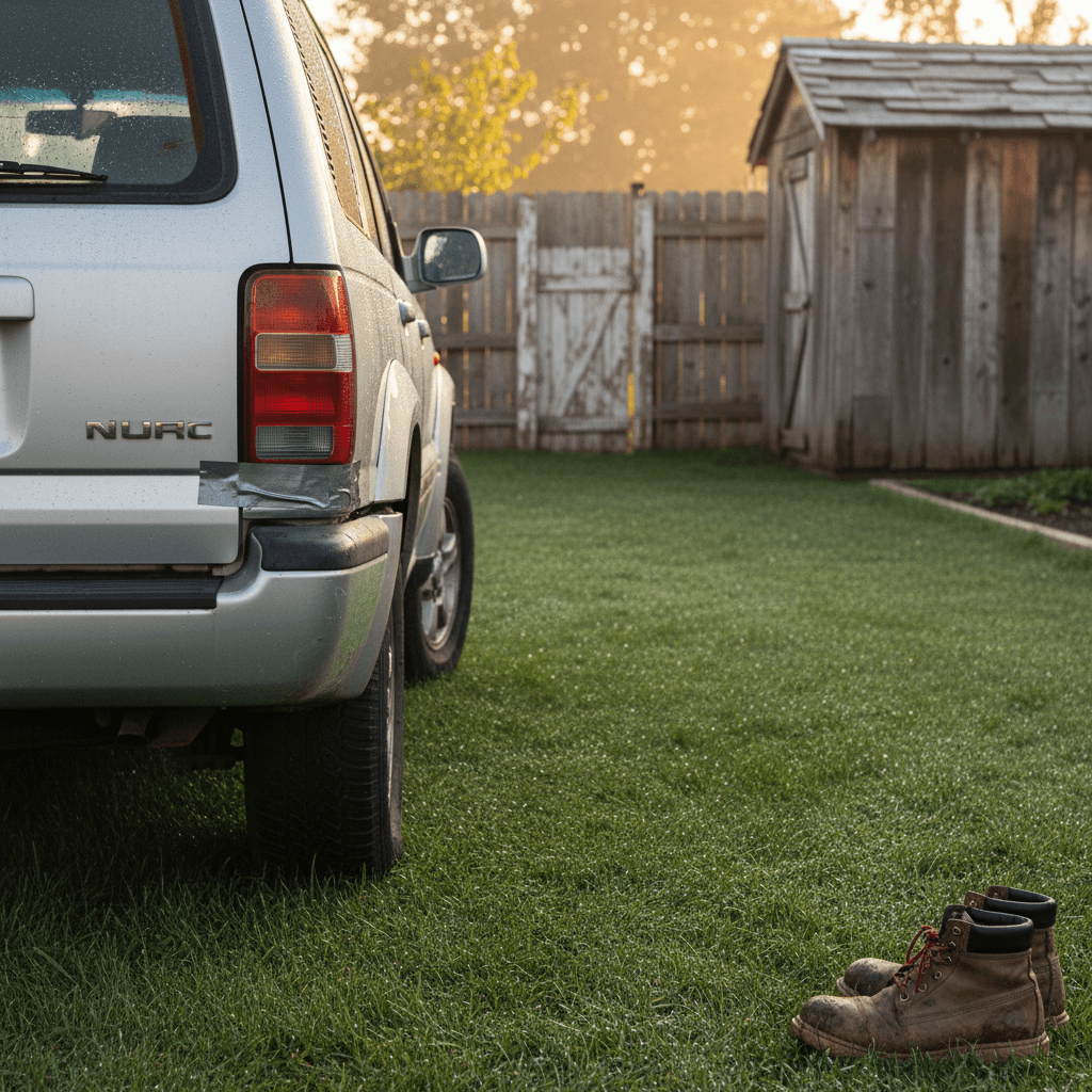 Silver SUV with rear damage in a backyard