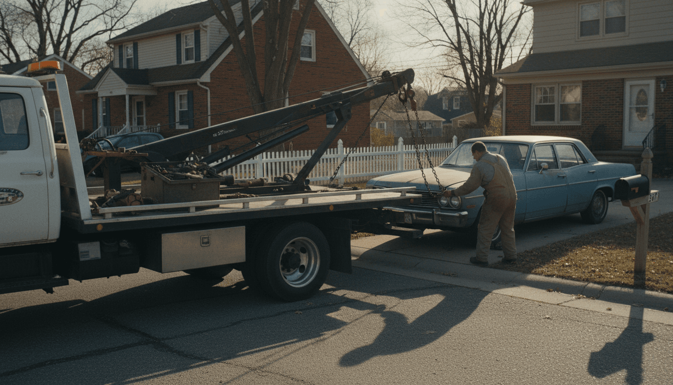 Tow truck hooking up a worn sedan in a residential driveway
