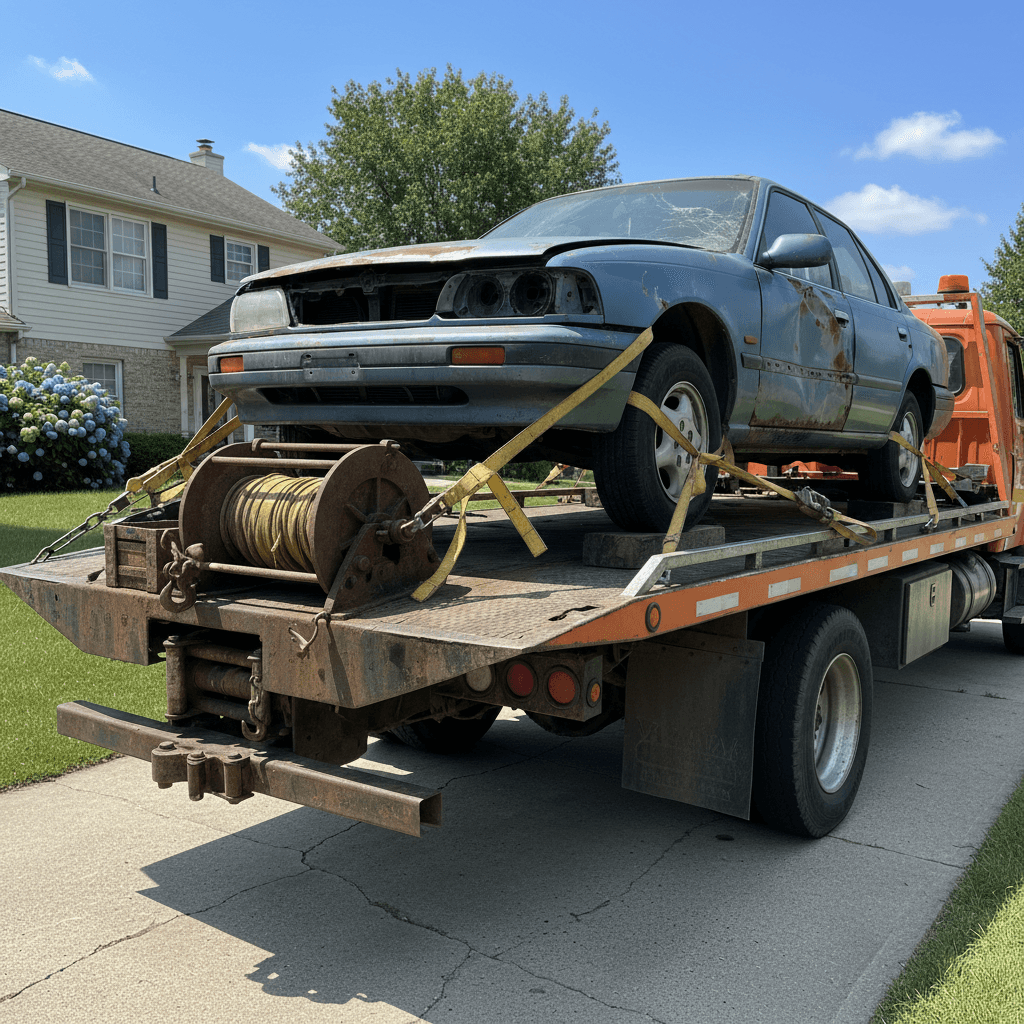 Flatbed tow truck hauling a junk car from a driveway