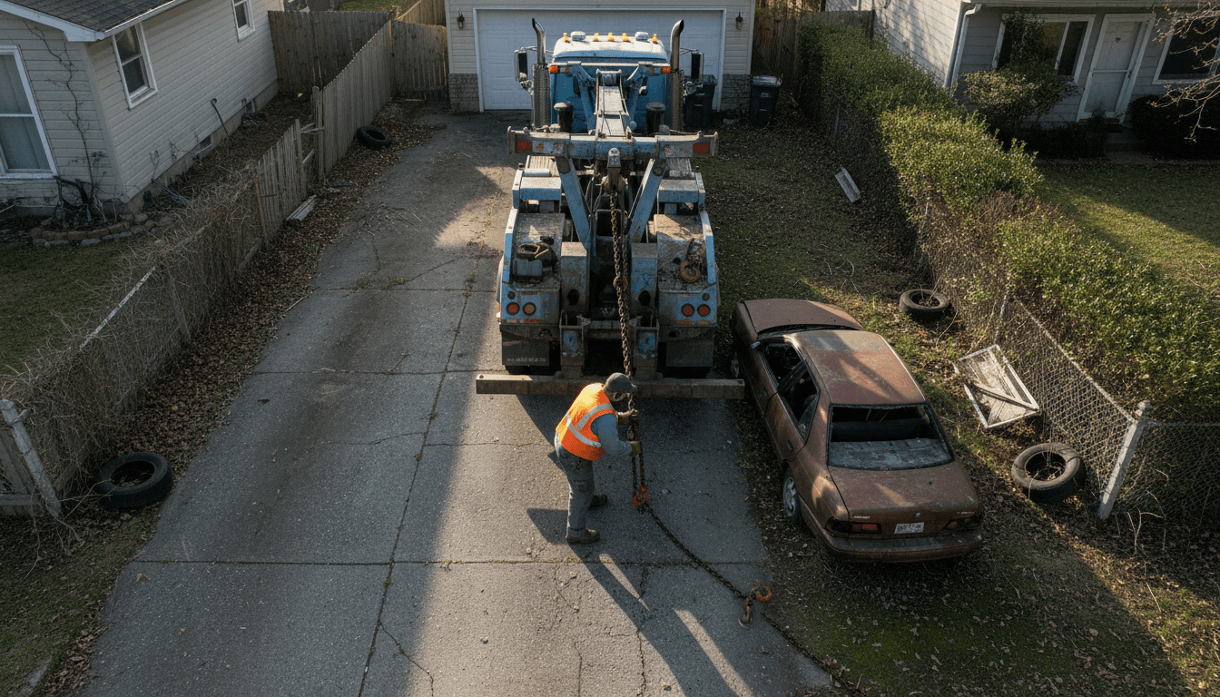 Tow truck lifting a junk car in a residential driveway
