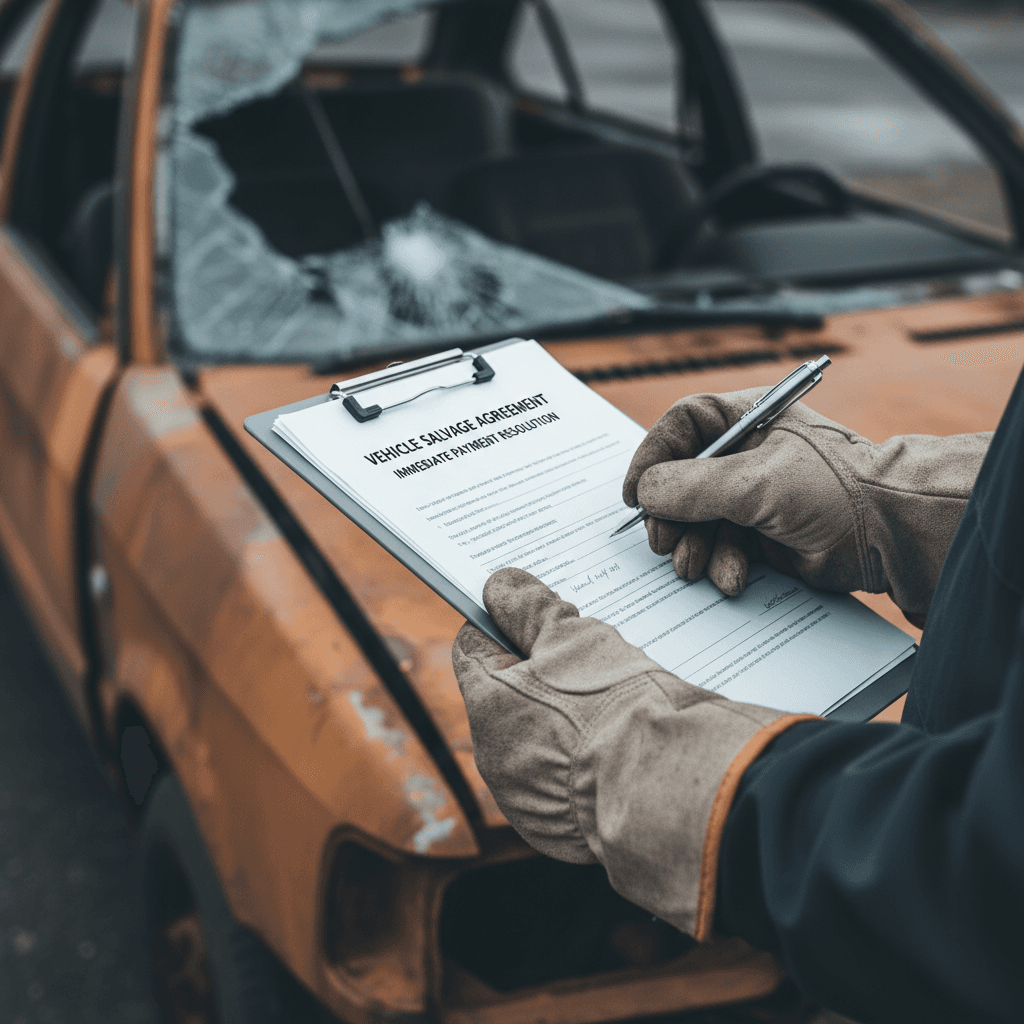 Hand holding a worn vehicle title document with cash bills fanned out