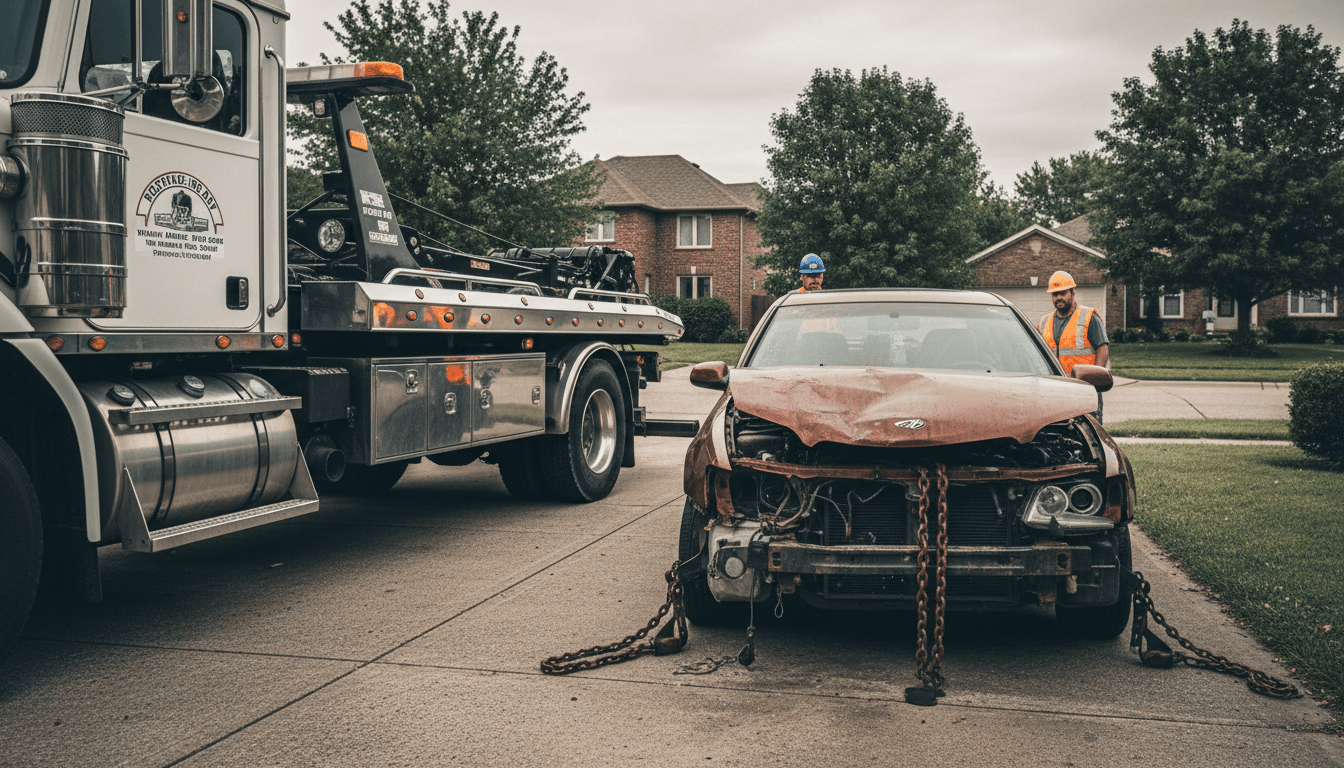 Junk car being hooked up for pickup