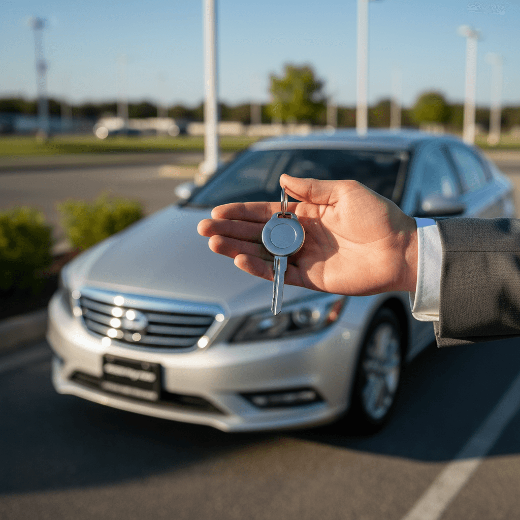 Customer handing car keys to a recycler in a driveway