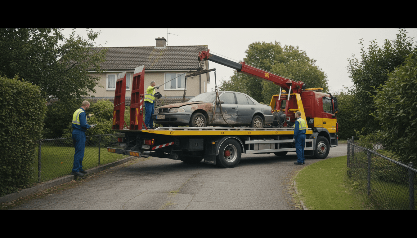 Flatbed tow truck in a residential driveway ready to load a worn sedan