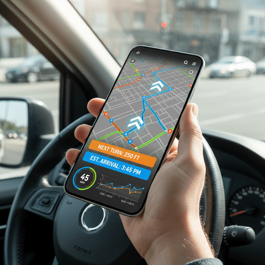 Driver's hand with phone map while heading to a pickup