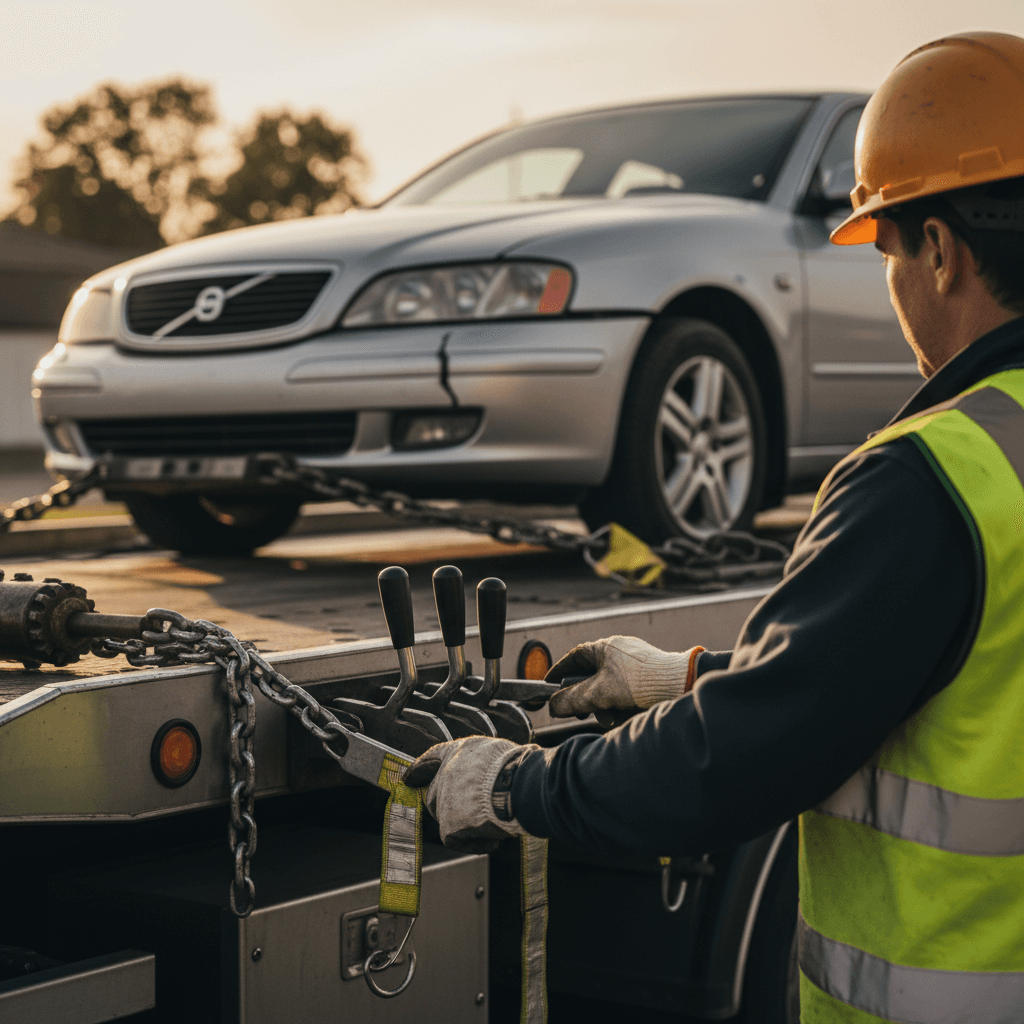 Workers securing a car for recycling pickup