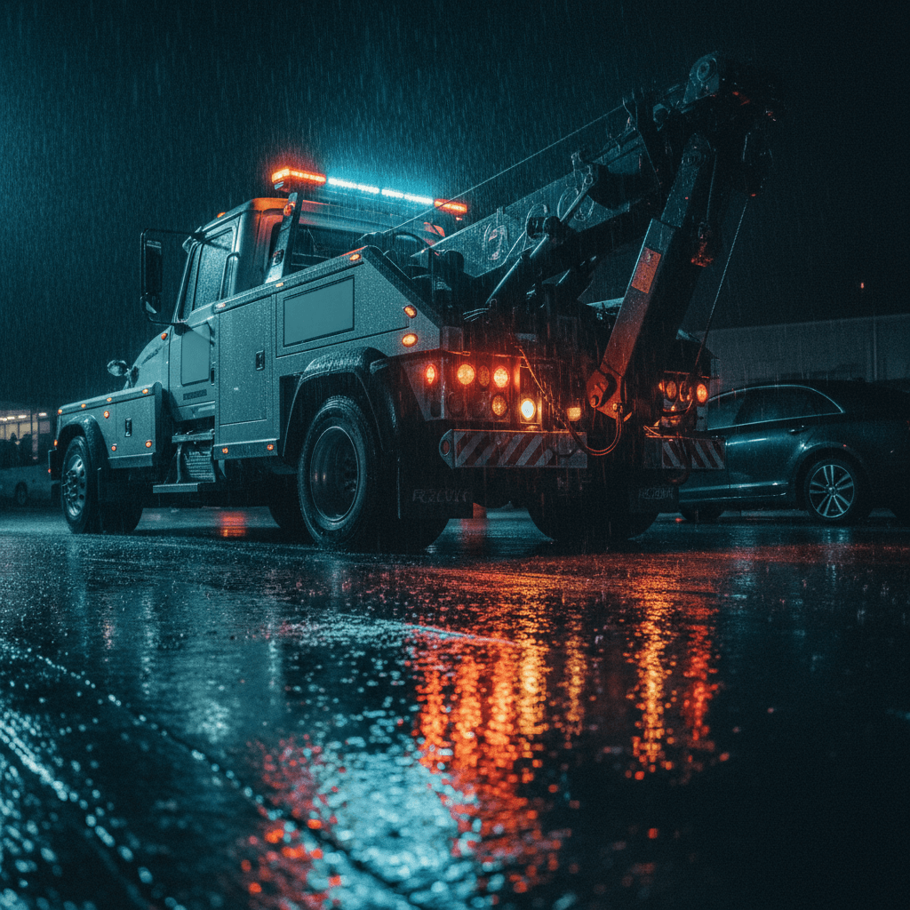 Tow truck parked under a streetlight at dusk