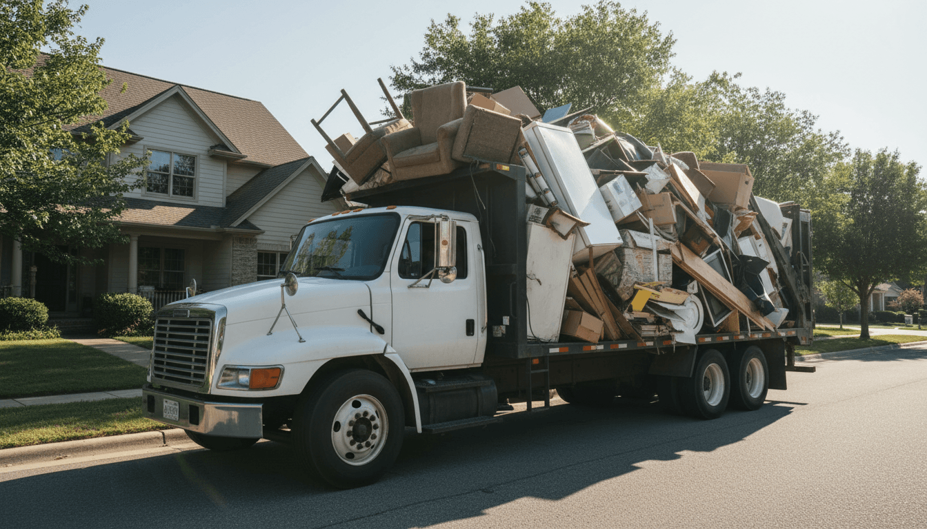 Junk car hauler driving down a tree-lined suburban street
