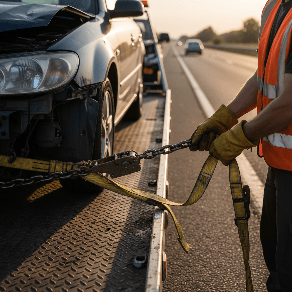 Tow truck loading a banged-up sedan onto a flatbed