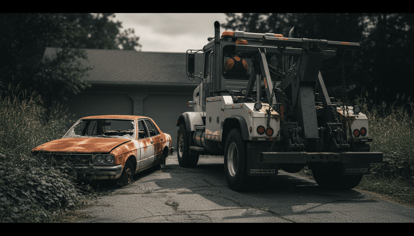 Tow truck loading a sedan from a residential driveway